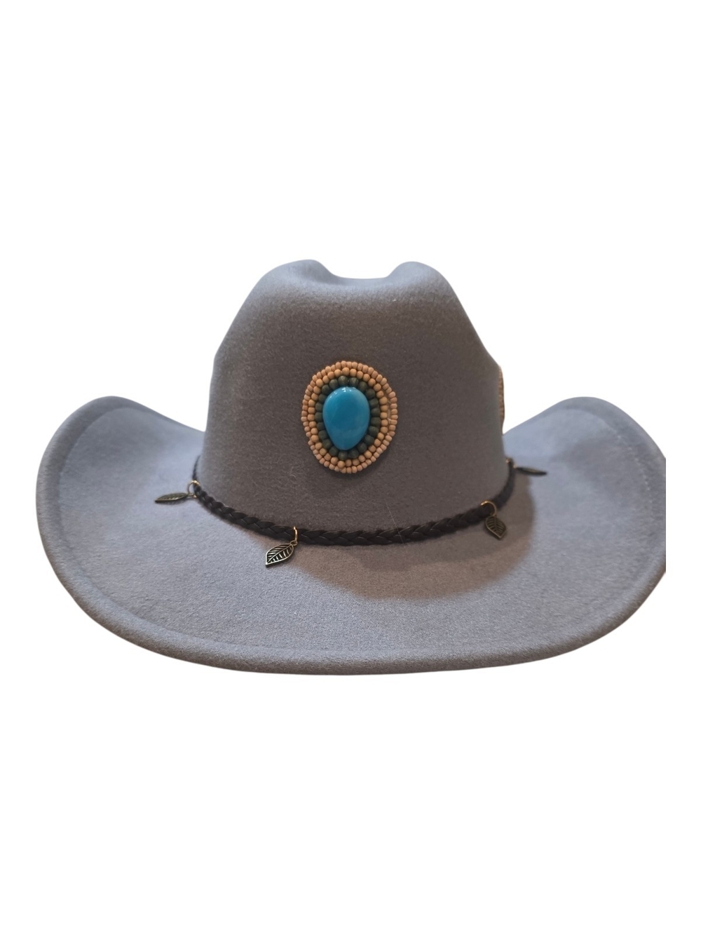 Alex Bendell Boho Upcycled Gray Fedora Hat Turquoise & Beaded Embellishments OS - Picture 3 of 4